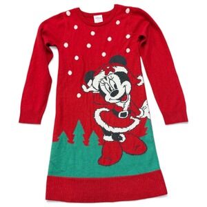 Disney Minnie Mouse Christmas Sweater Dress Red Green‎ White Size M 7-8